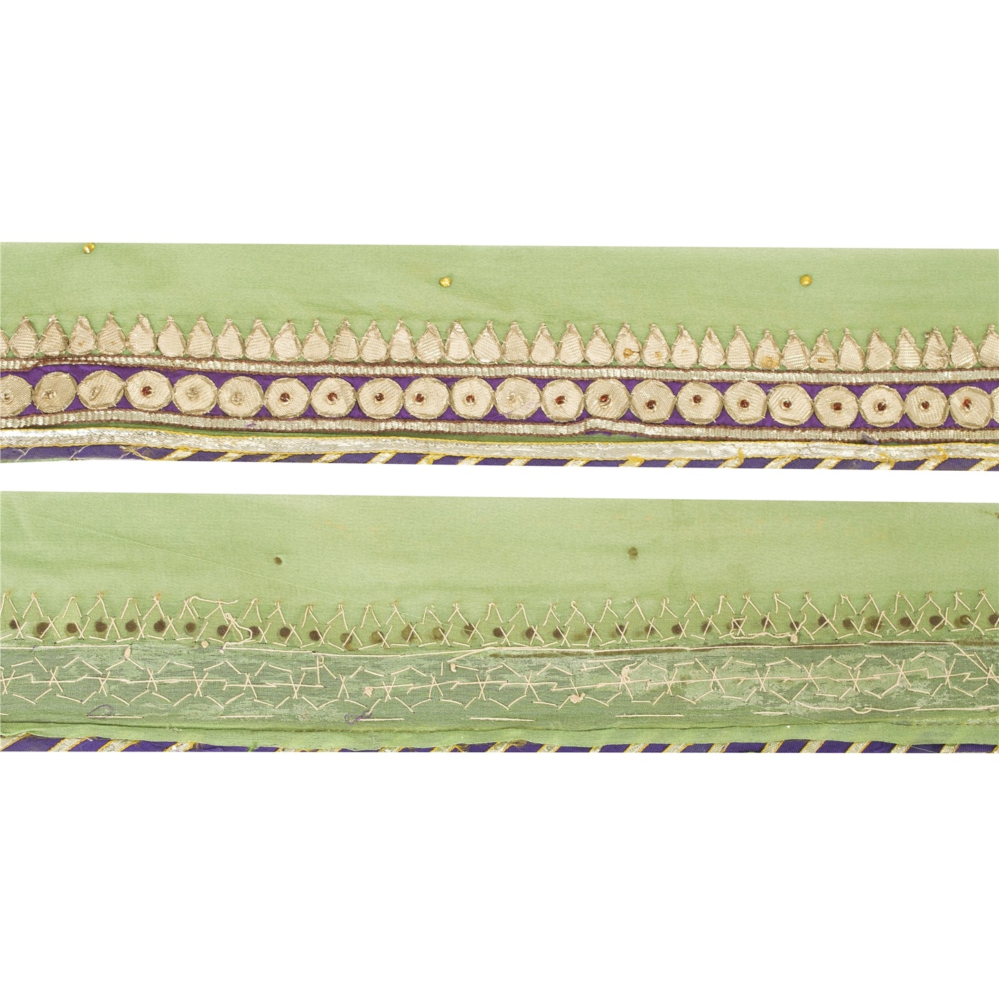 Sanskriti Vintage Sari Border Hand Embroidered Gota Patti Green 1 YD Trim Lace