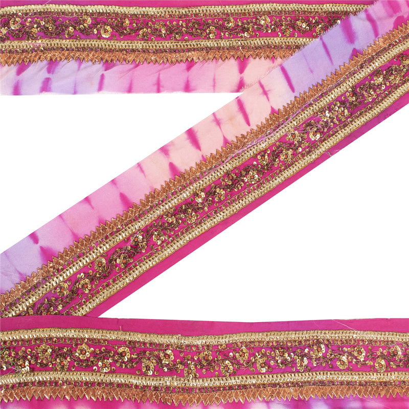 Sanskriti Vintage Sari Border Hand Beaded 1 YD Trim Sewing Craft Pink RibbonLace