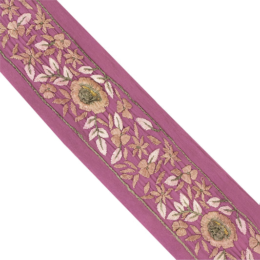 Sanskriti Vintage Sari Border Hand Embroidered 1 YD Trim Craft Purple Decor Lace
