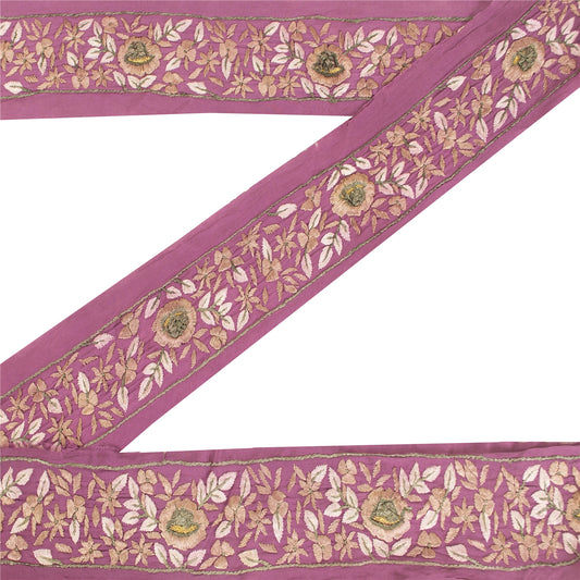 Sanskriti Vintage Sari Border Hand Embroidered 1 YD Trim Craft Purple Decor Lace