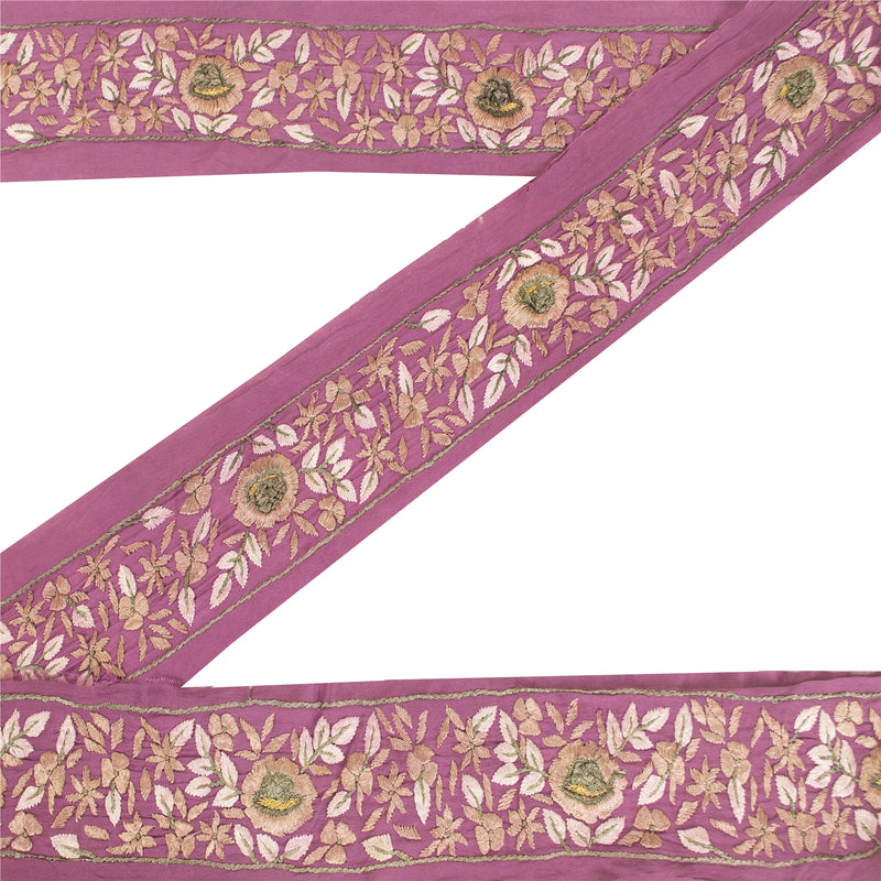 Sanskriti Vintage Sari Border Hand Embroidered 1 YD Trim Craft Purple Decor Lace