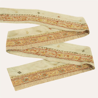 Sanskriti Vintage Sari Cream Border Embroidered Thread 1 YD Trim Cream Lace