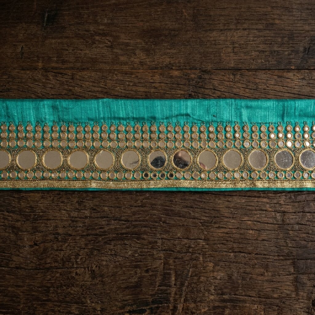 Sanskriti Vintage Green Silk 1 YD Sari Border Embroidered Zari Mirror Trim Lace