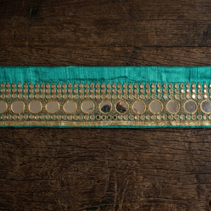 Sanskriti Vintage Green Silk 1 YD Sari Border Embroidered Zari Mirror Trim Lace