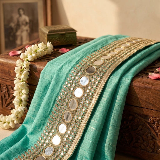 Sanskriti Vintage Green Silk 1 YD Sari Border Embroidered Zari Mirror Trim Lace