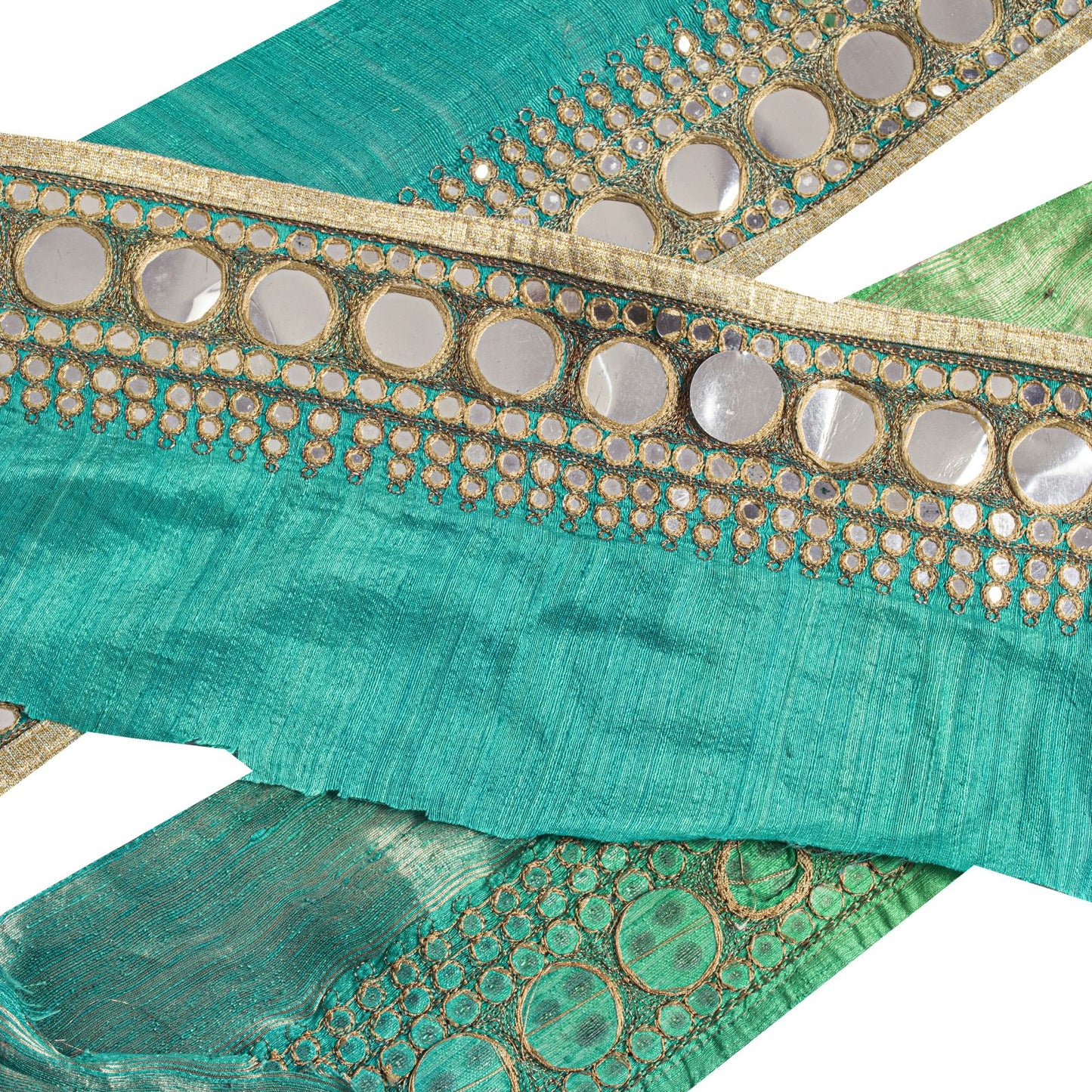 Sanskriti Vintage Green Silk 1 YD Sari Border Embroidered Zari Mirror Trim Lace