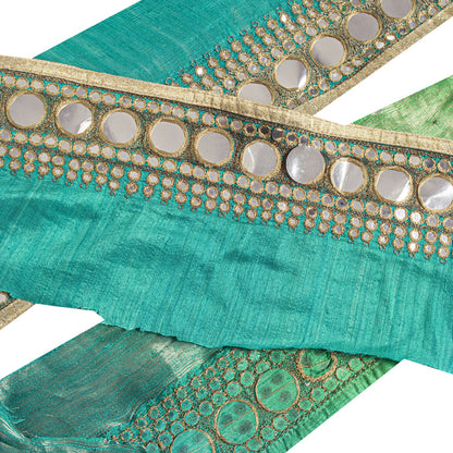 Sanskriti Vintage Green Silk 1 YD Sari Border Embroidered Zari Mirror Trim Lace