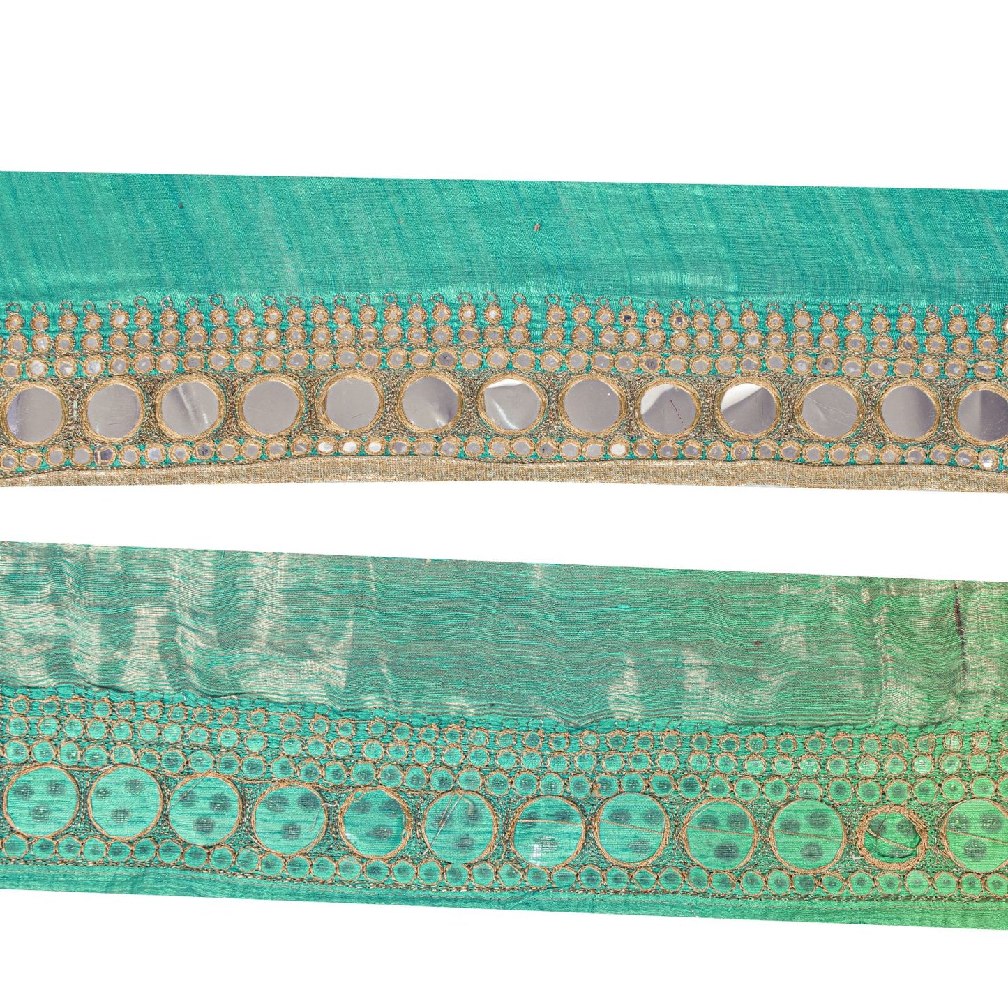 Sanskriti Vintage Green Silk 1 YD Sari Border Embroidered Zari Mirror Trim Lace
