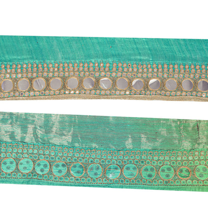 Sanskriti Vintage Green Silk 1 YD Sari Border Embroidered Zari Mirror Trim Lace