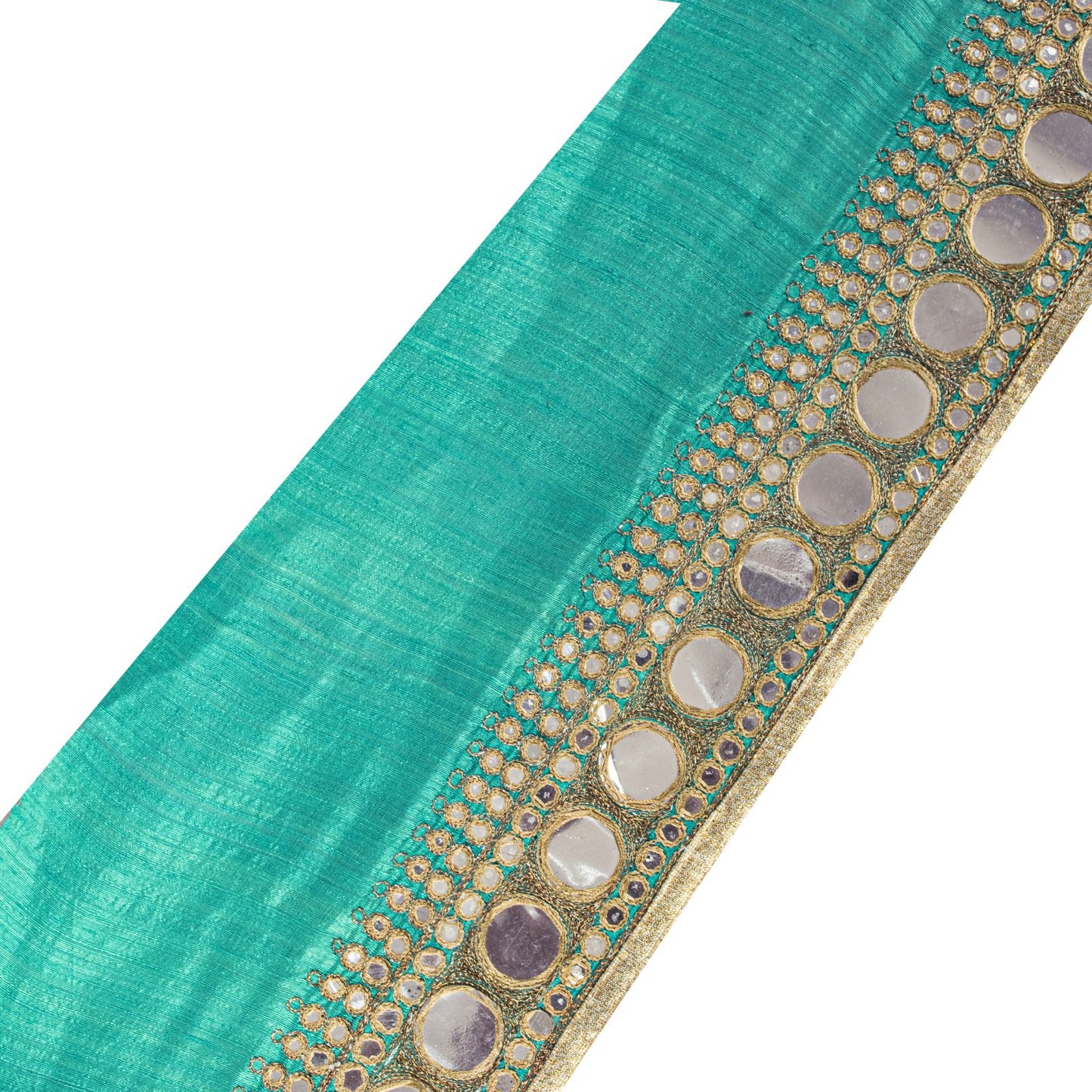 Sanskriti Vintage Green Silk 1 YD Sari Border Embroidered Zari Mirror Trim Lace