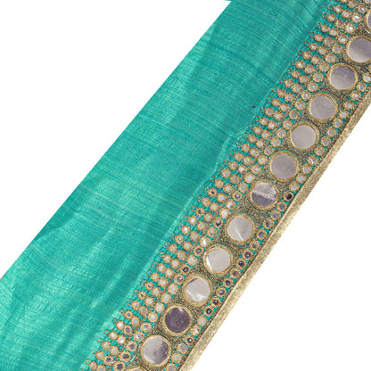 Sanskriti Vintage Green Silk 1 YD Sari Border Embroidered Zari Mirror Trim Lace