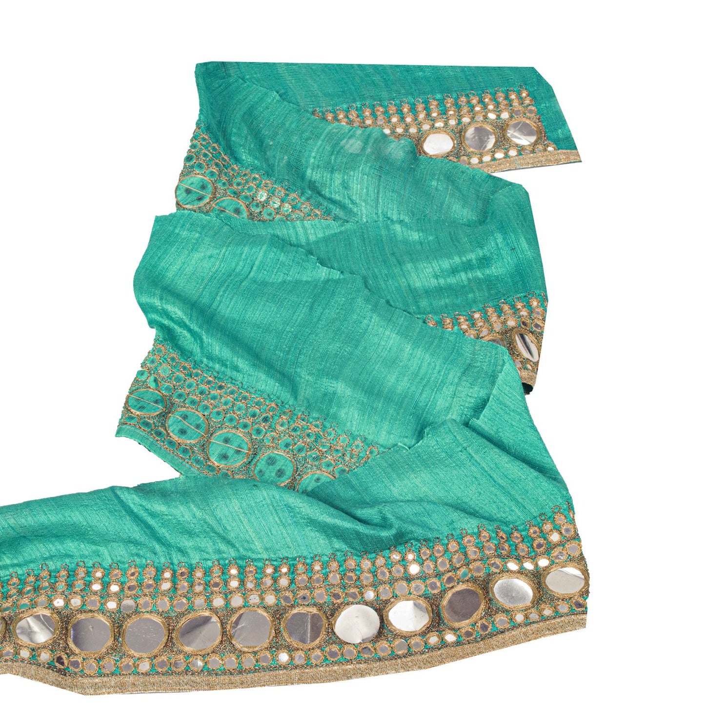 Sanskriti Vintage Green Silk 1 YD Sari Border Embroidered Zari Mirror Trim Lace
