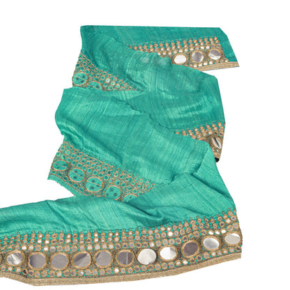 Sanskriti Vintage Green Silk 1 YD Sari Border Embroidered Zari Mirror Trim Lace
