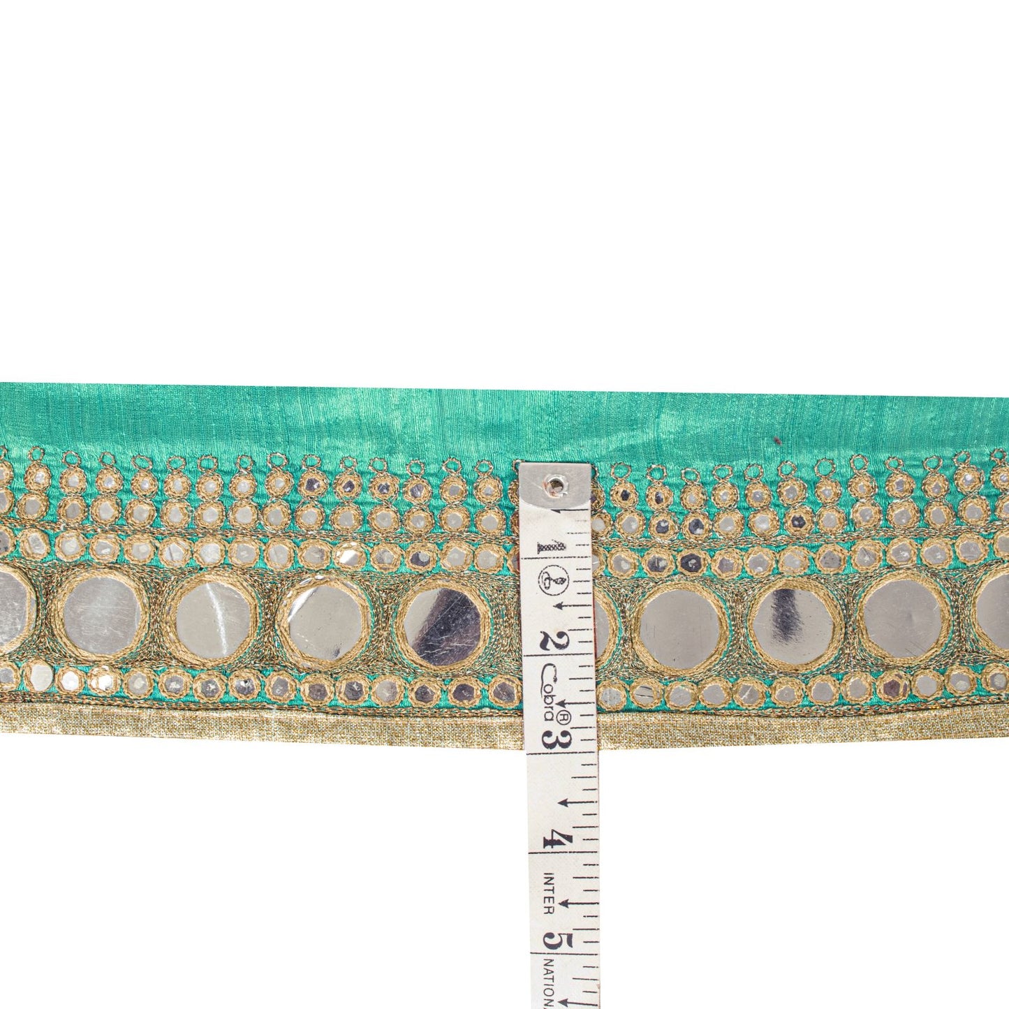 Sanskriti Vintage Green Silk 1 YD Sari Border Embroidered Zari Mirror Trim Lace