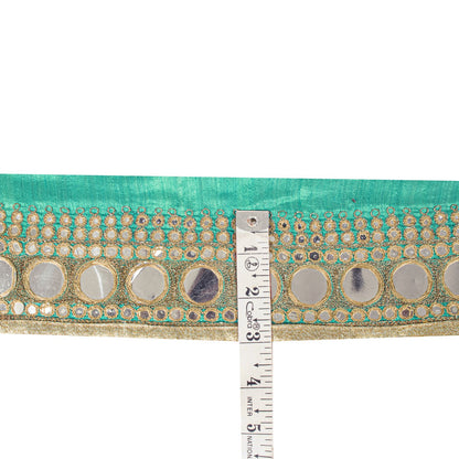 Sanskriti Vintage Green Silk 1 YD Sari Border Embroidered Zari Mirror Trim Lace