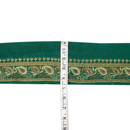 Sanskriti Vintage Green Pure Crepe 1 YD Sari Border Hand Embroidered Trim Lace