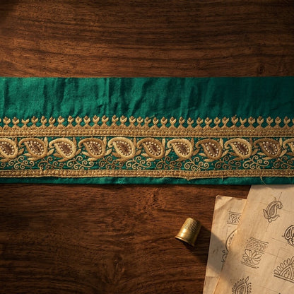 Sanskriti Vintage Green Pure Crepe 1 YD Sari Border Hand Embroidered Trim Lace