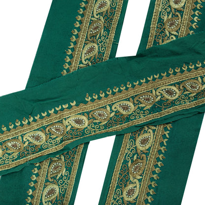 Sanskriti Vintage Green Pure Crepe 1 YD Sari Border Hand Embroidered Trim Lace