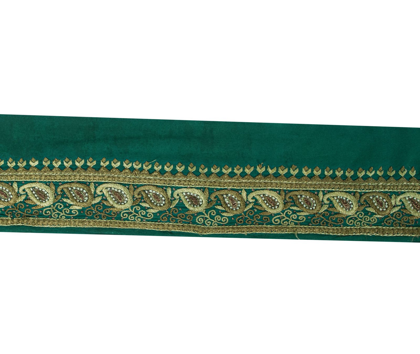 Sanskriti Vintage Green Pure Crepe 1 YD Sari Border Hand Embroidered Trim Lace