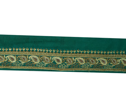 Sanskriti Vintage Green Pure Crepe 1 YD Sari Border Hand Embroidered Trim Lace