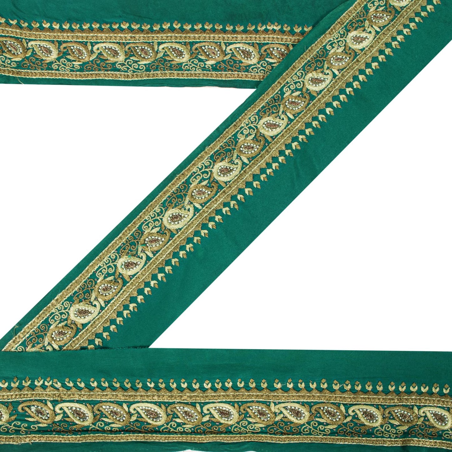Sanskriti Vintage Green Pure Crepe 1 YD Sari Border Hand Embroidered Trim Lace