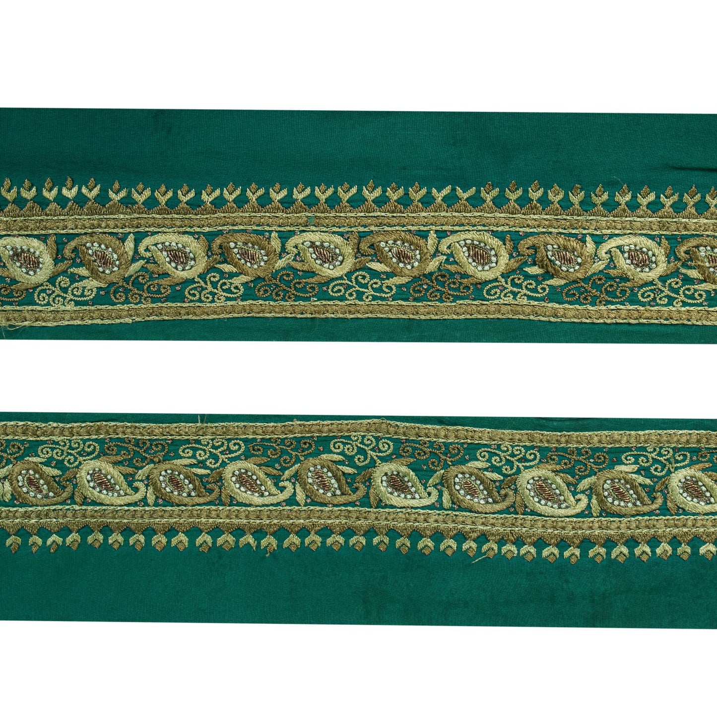 Sanskriti Vintage Green Pure Crepe 1 YD Sari Border Hand Embroidered Trim Lace