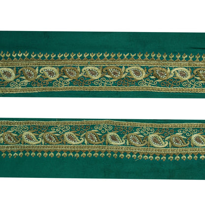 Sanskriti Vintage Green Pure Crepe 1 YD Sari Border Hand Embroidered Trim Lace