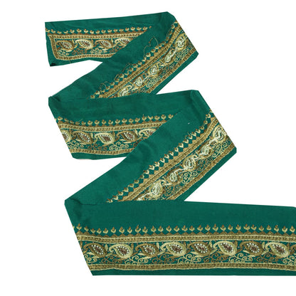 Sanskriti Vintage Green Pure Crepe 1 YD Sari Border Hand Embroidered Trim Lace