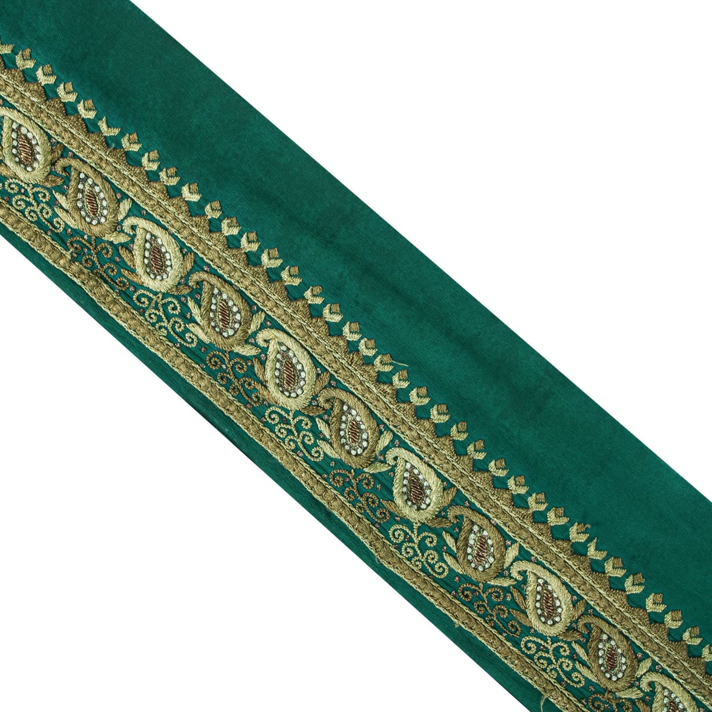 Sanskriti Vintage Green Pure Crepe 1 YD Sari Border Hand Embroidered Trim Lace