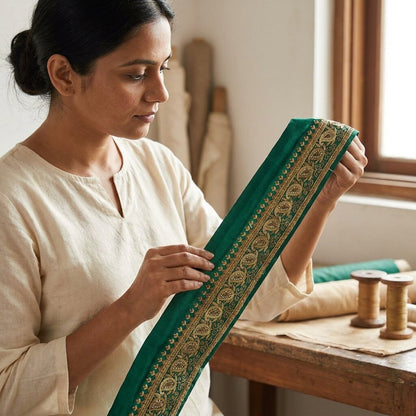 Sanskriti Vintage Green Pure Crepe 1 YD Sari Border Hand Embroidered Trim Lace