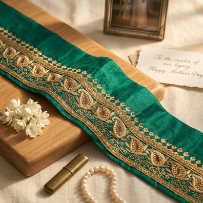 Sanskriti Vintage Green Pure Crepe 1 YD Sari Border Hand Embroidered Trim Lace