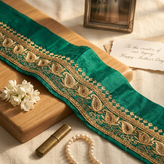 Sanskriti Vintage Green Pure Crepe 1 YD Sari Border Hand Embroidered Trim Lace