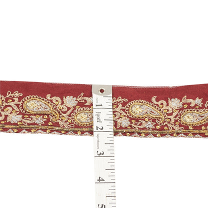Sanskriti Vintage Sari Border Hand Beaded Zardozi 1 YD Trim Red Pure Silk Lace