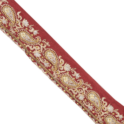 Sanskriti Vintage Sari Border Hand Beaded Zardozi 1 YD Trim Red Pure Silk Lace