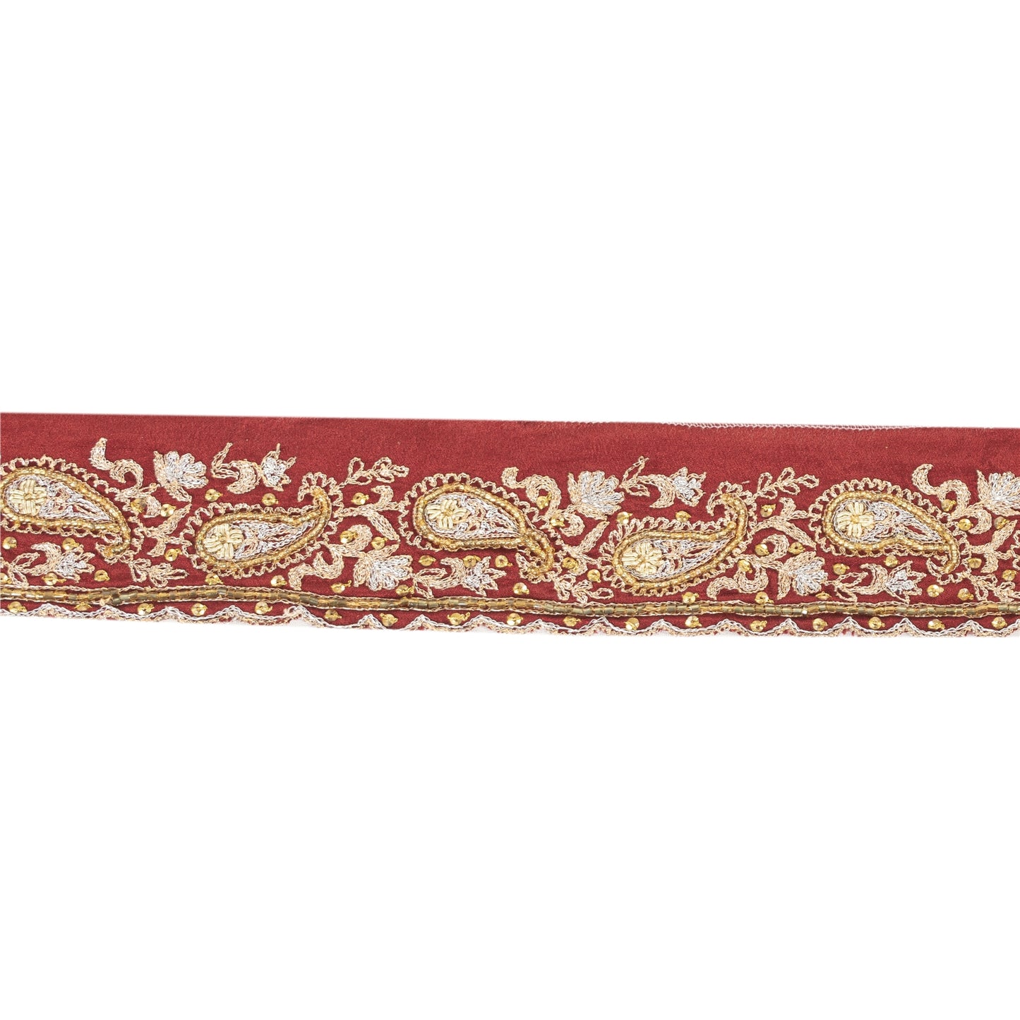 Sanskriti Vintage Sari Border Hand Beaded Zardozi 1 YD Trim Red Pure Silk Lace
