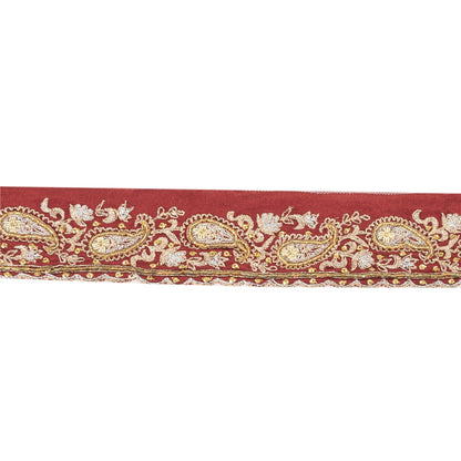 Sanskriti Vintage Sari Border Hand Beaded Zardozi 1 YD Trim Red Pure Silk Lace