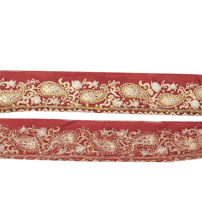 Sanskriti Vintage Sari Border Hand Beaded Zardozi 1 YD Trim Red Pure Silk Lace