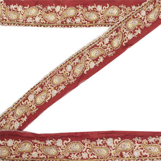 Sanskriti Vintage Sari Border Hand Beaded Zardozi 1 YD Trim Red Pure Silk Lace