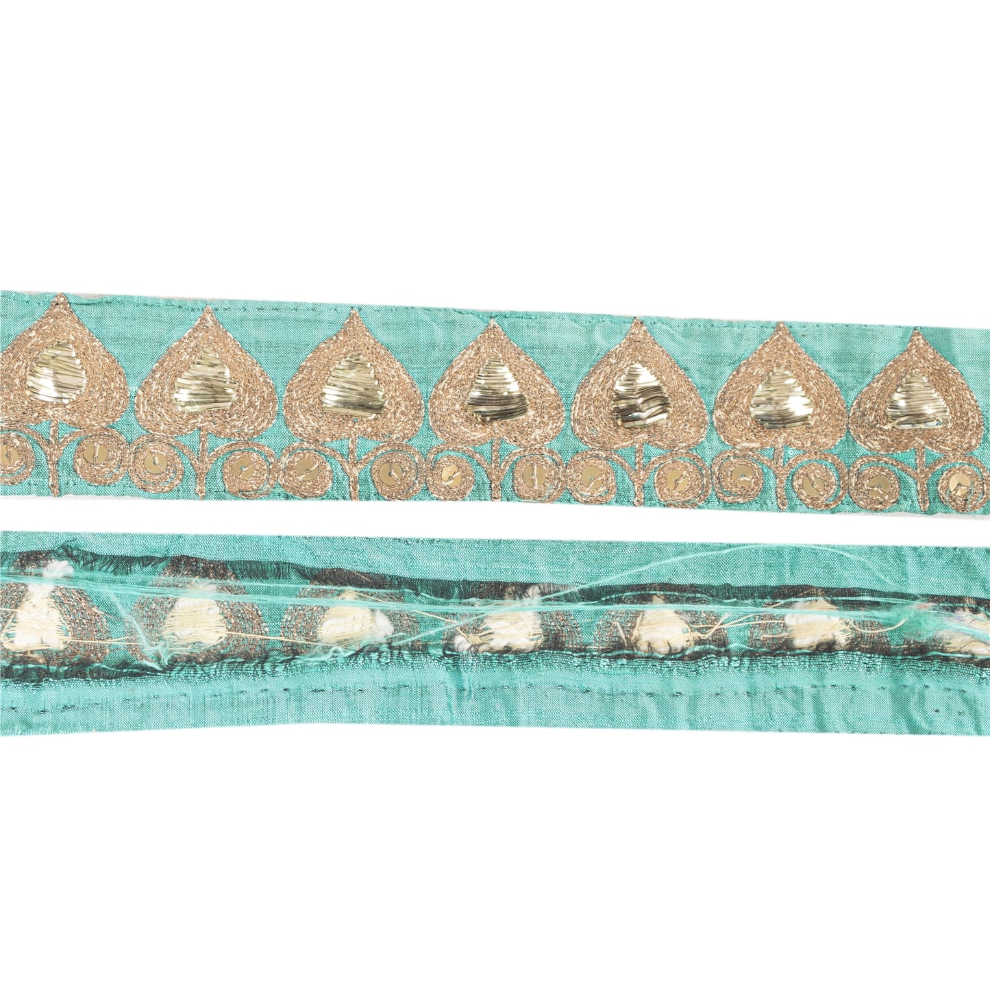 Sanskriti Vintage Sari Border Hand Beaded Zari 1 YD Trim SeaGreen Lace Pure Silk