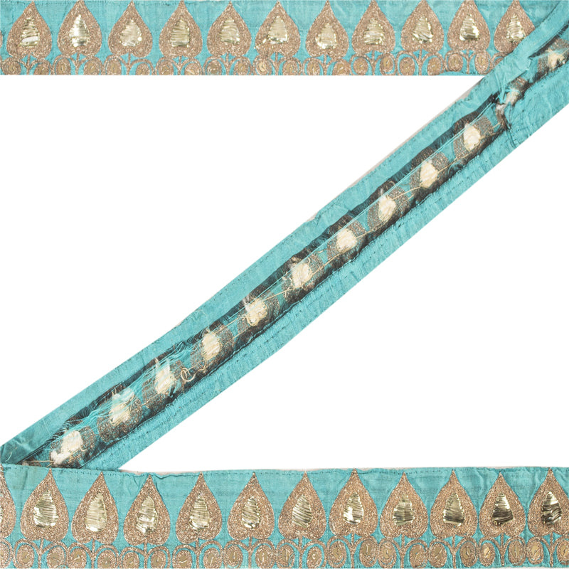 Sanskriti Vintage Sari Border Hand Beaded Zari 1 YD Trim SeaGreen Lace Pure Silk