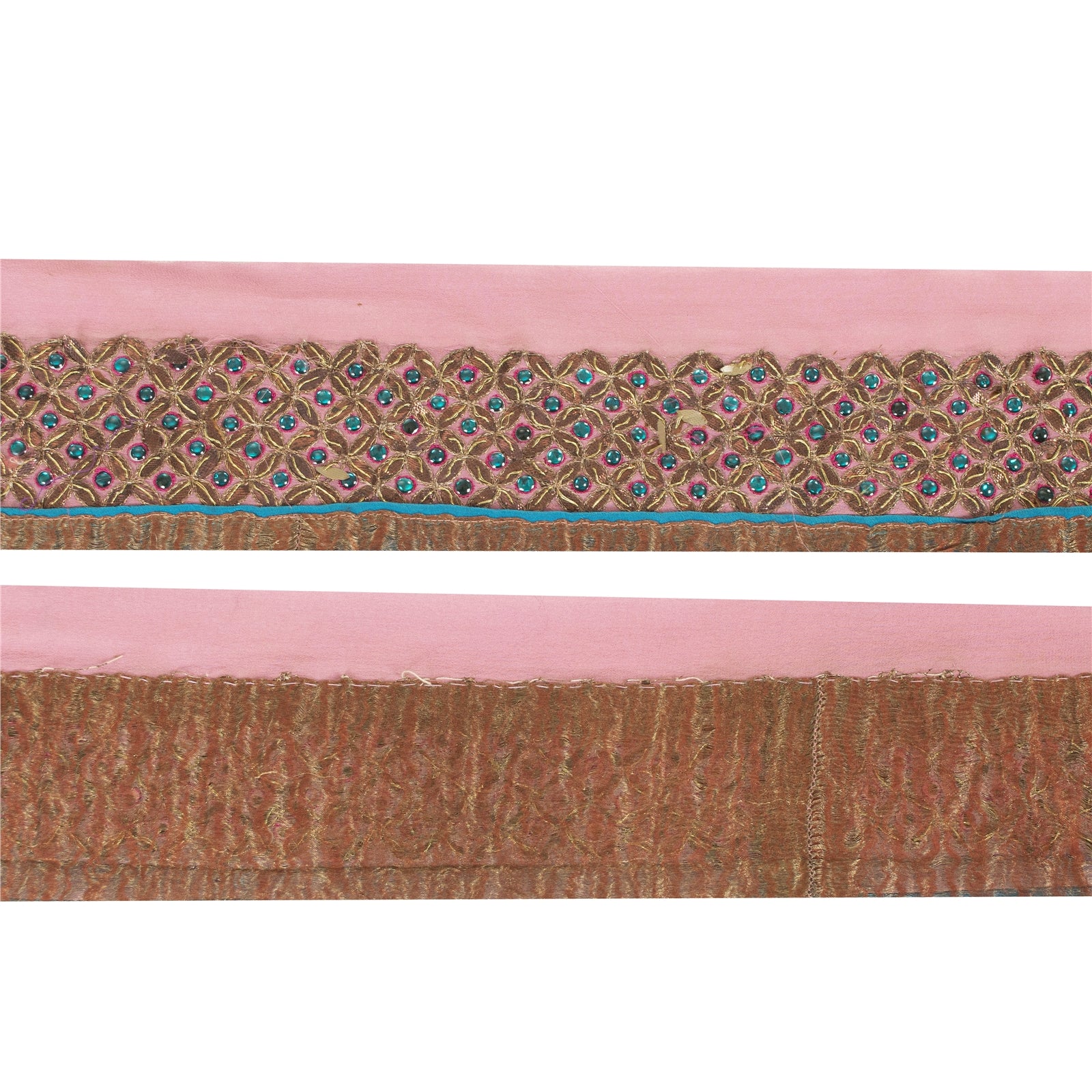 Sanskriti Vintage Sari Border Hand Beaded 1YD Trim Pink Pure Silk Lace 3.6W Lace