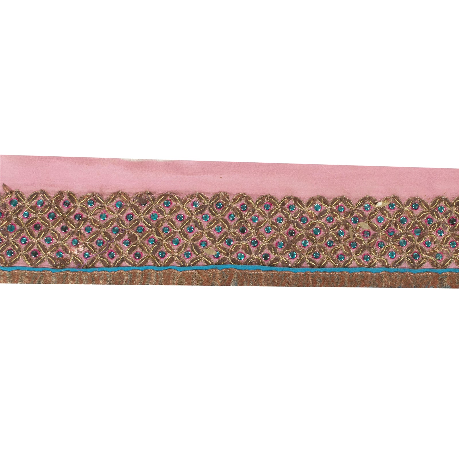 Sanskriti Vintage Sari Border Hand Beaded 1YD Trim Pink Pure Silk Lace 3.6W Lace