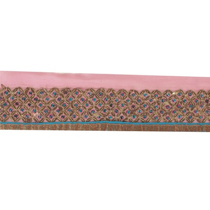 Sanskriti Vintage Sari Border Hand Beaded 1YD Trim Pink Pure Silk Lace 3.6W Lace