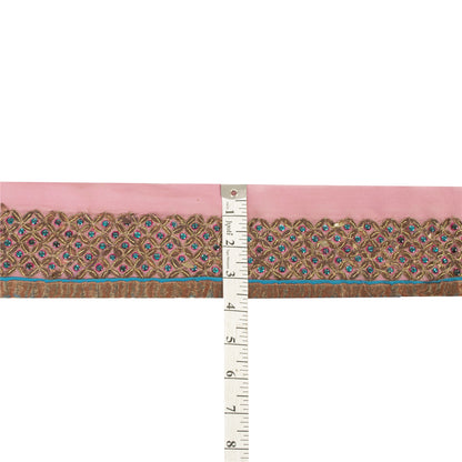Sanskriti Vintage Sari Border Hand Beaded 1YD Trim Pink Pure Silk Lace 3.6W Lace