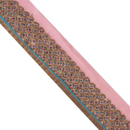 Sanskriti Vintage Sari Border Hand Beaded 1YD Trim Pink Pure Silk Lace 3.6W Lace