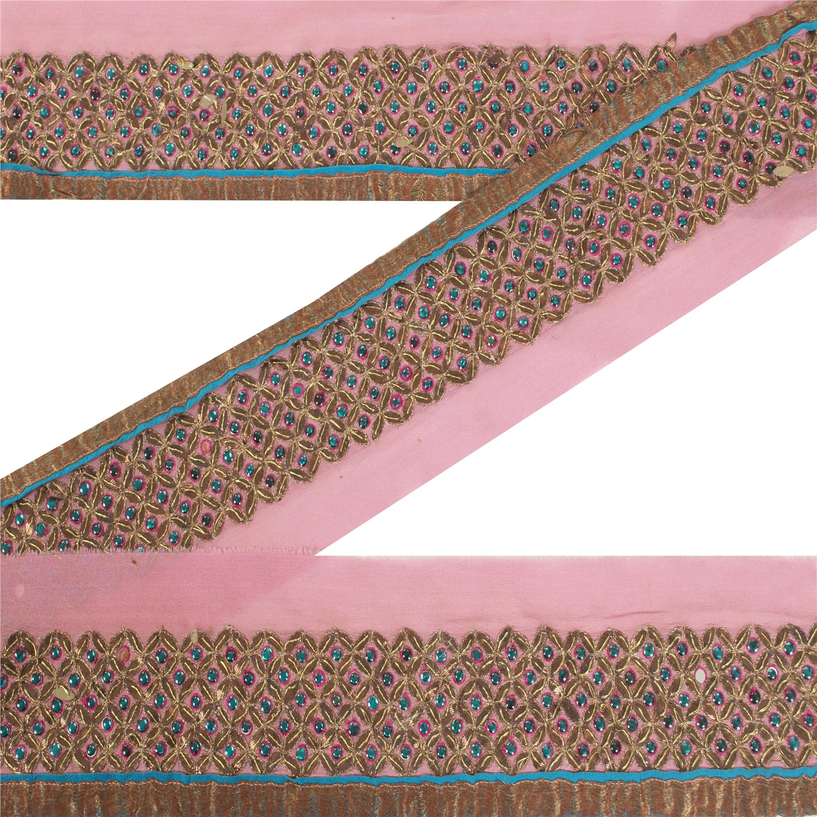 Sanskriti Vintage Sari Border Hand Beaded 1YD Trim Pink Pure Silk Lace 3.6W Lace