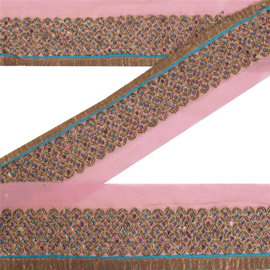 Sanskriti Vintage Sari Border Hand Beaded 1YD Trim Pink Pure Silk Lace 3.6W Lace