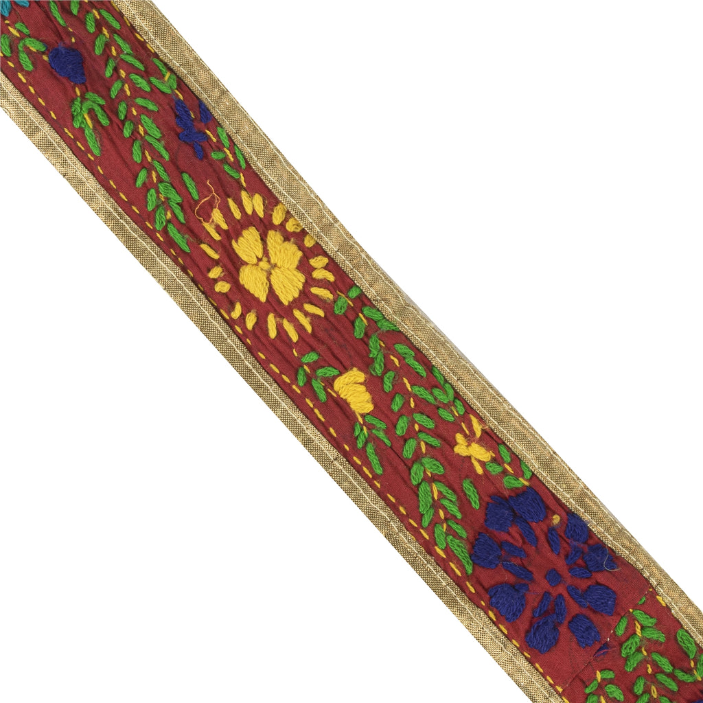 Sanskriti Vintage Sari Border Hand Embroidered Bagh Phulkari 1 YD Trim Red Lace