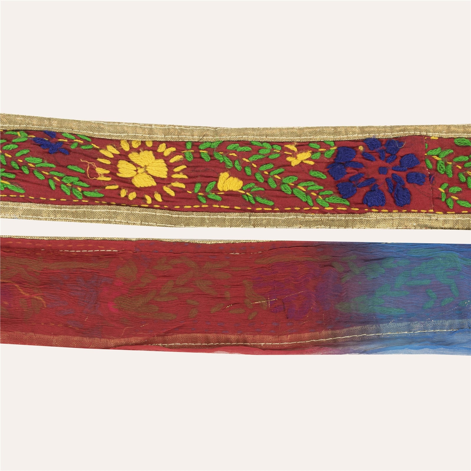 Sanskriti Vintage Saree/Sari Border Hand Embroidered Bagh Phulkari 1 Yd Sarees Trim Cotton Red 2.1W Lace