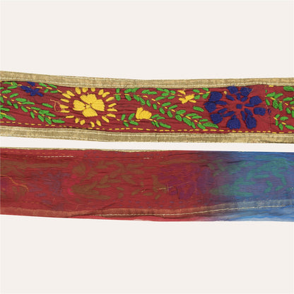 Sanskriti Vintage Sari Border Hand Embroidered Bagh Phulkari 1 YD Trim Red Lace
